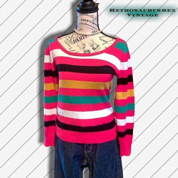 Vintage Y2K Retro Striped Back Zipper Pullover Lightweight Sweater Medium - Picture 2 of 5